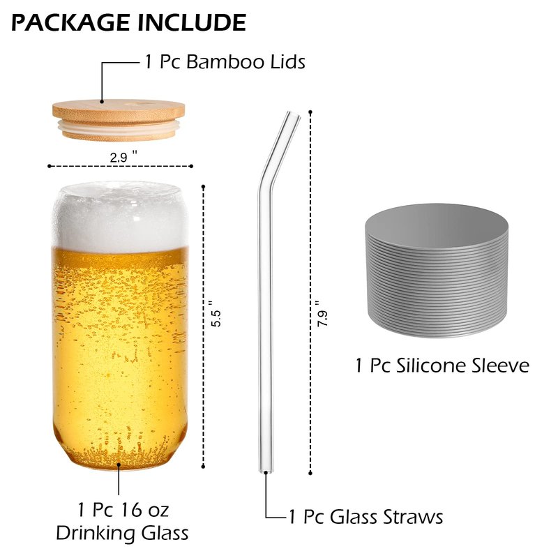 BEWAVE Drinking Glass, 16oz Can Shaped Glasses Cups, Iced Coffee Glasses, Beer Tumbler, for Whiskey, Soda, Tea, Juice, Gift, with Lid, Straw and Sleeve, 1 Pc