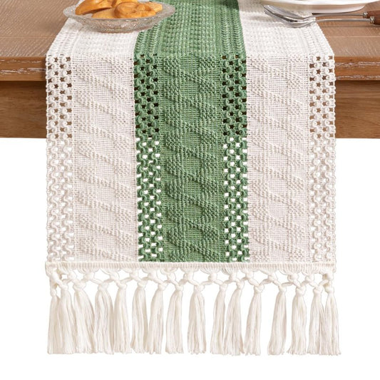 Socomi Boho Table Runner Macrame Summer Farmhouse Woven Cotton Linen Rustic Coffee Table Runner with Tassels for Dresser Scarf Home Decor Dining Room 12x90 inch Sage Green Ivory