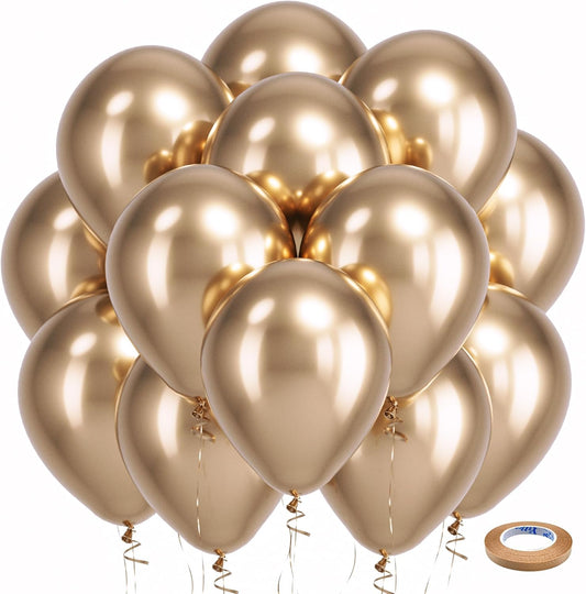 Bezente Metallic Champagne Gold Balloons - 100 Pack of 12-Inch Round Helium Balloons for Weddings & Parties