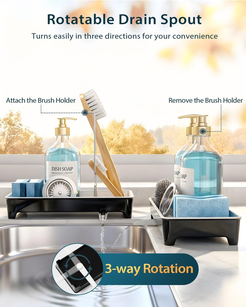 Caumic Minimalist Sink Caddy, Rustproof Sponge Holder for Kitchen Sink with 304 Stainless-Steel Brush Holder, Countertop Rack Organizer with Raised Ridges & Silicone Drain Tube (Black, Large)