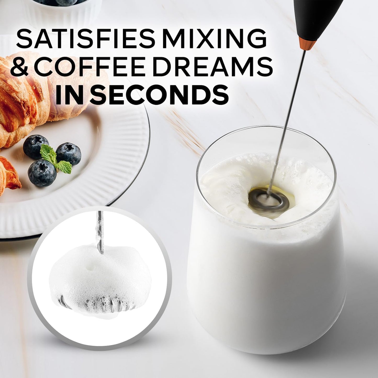 Zulay Kitchen Milk Frother Wand - Ultra-Fast Handheld Electric Whisk for Coffee & Lattes - Black Copper