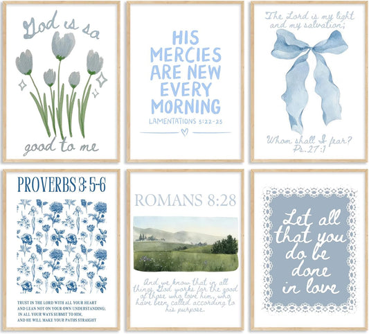 Skiennix Blue Christian Canvas Wall Art - Set of 6 Inspirational Bible Verse Prints for Girls' Room Decor