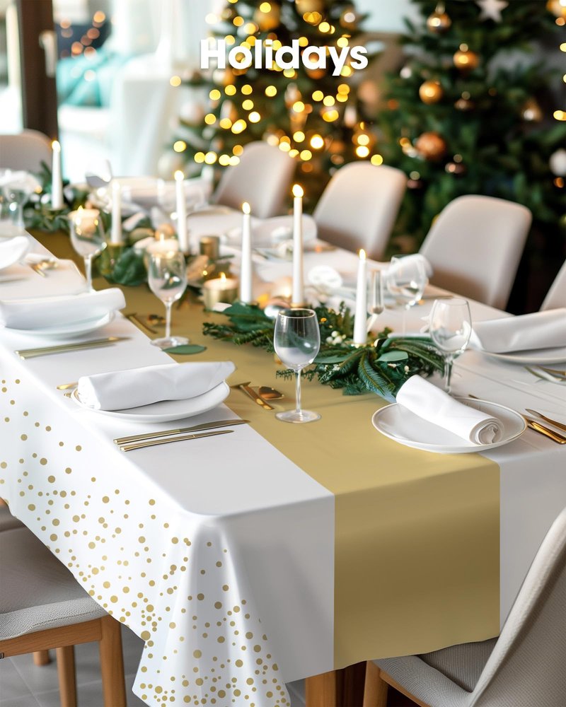 Pureegg Plastic Table Cloth Disposable 10 Pack, 54 x 108 Inch, Table Runner Style, Graduation Decorations 2026, Party Tablecloths, Rectangle, Plastic Cover, Leakproof & Sturdy, White Gold