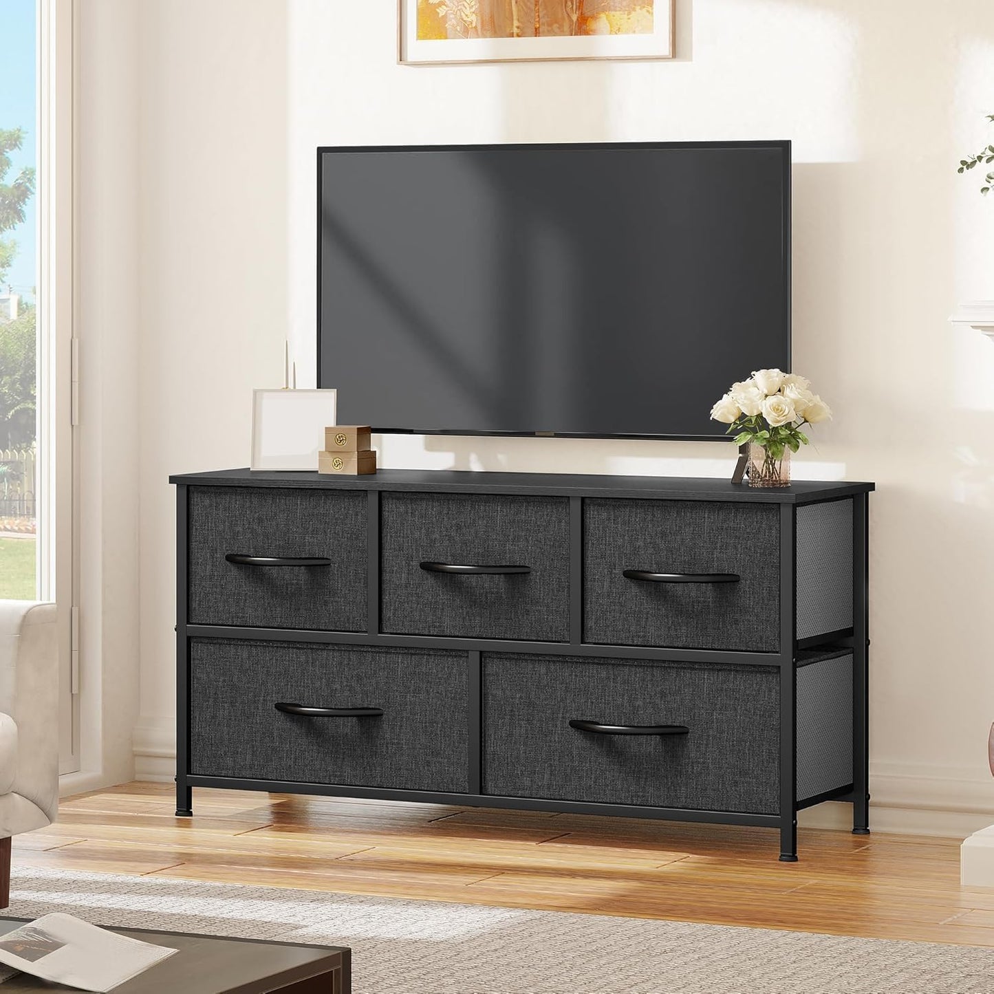 YITAHOME Wide Chest of Drawers, Dresser with 5 Drawers, Oak Greige Fabric Storage Tower, Dresser for Room with 5 Drawers, Living Room, Closets - Sturdy Steel Frame, Wooden Top