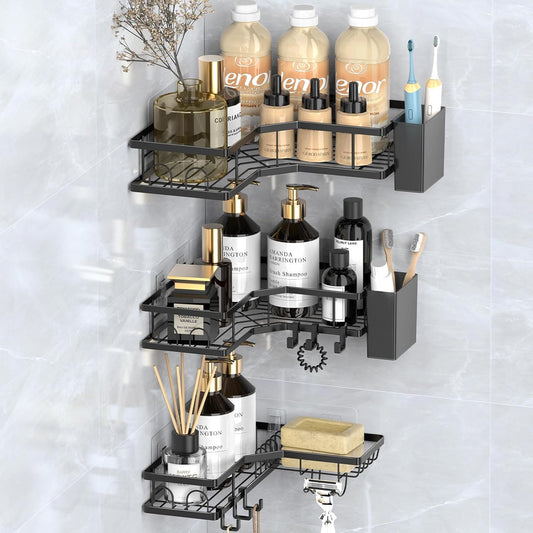 Sitlais Corner Shower Caddy - Rustproof Metal Wall-Mounted Shelves with Storage Boxes & Hooks | Durable Black, No-Drill Design