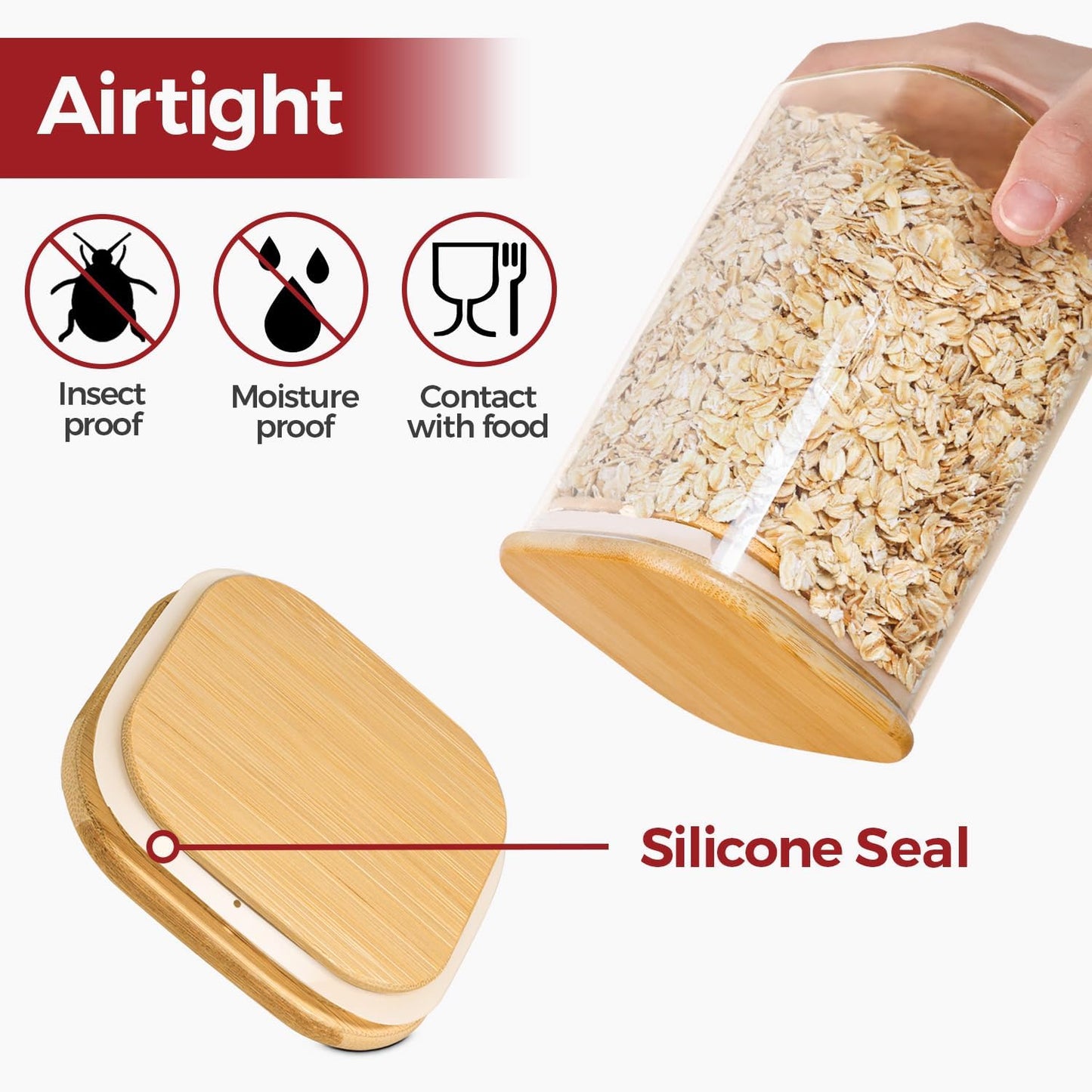 Skiennix 1Qt Airtight Glass Canisters - Bamboo Lid Square Pantry Storage for Coffee, Snacks & More | 4-Pack