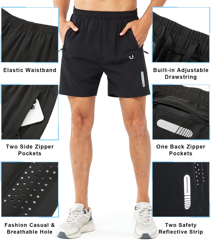 NORTHYARD Men's Athletic Running Shorts Gym Workout 7"/9"/5" Quick Dry Lightweight Sports Basketball Tennis 3 Zipper Pockets Black-5inch M