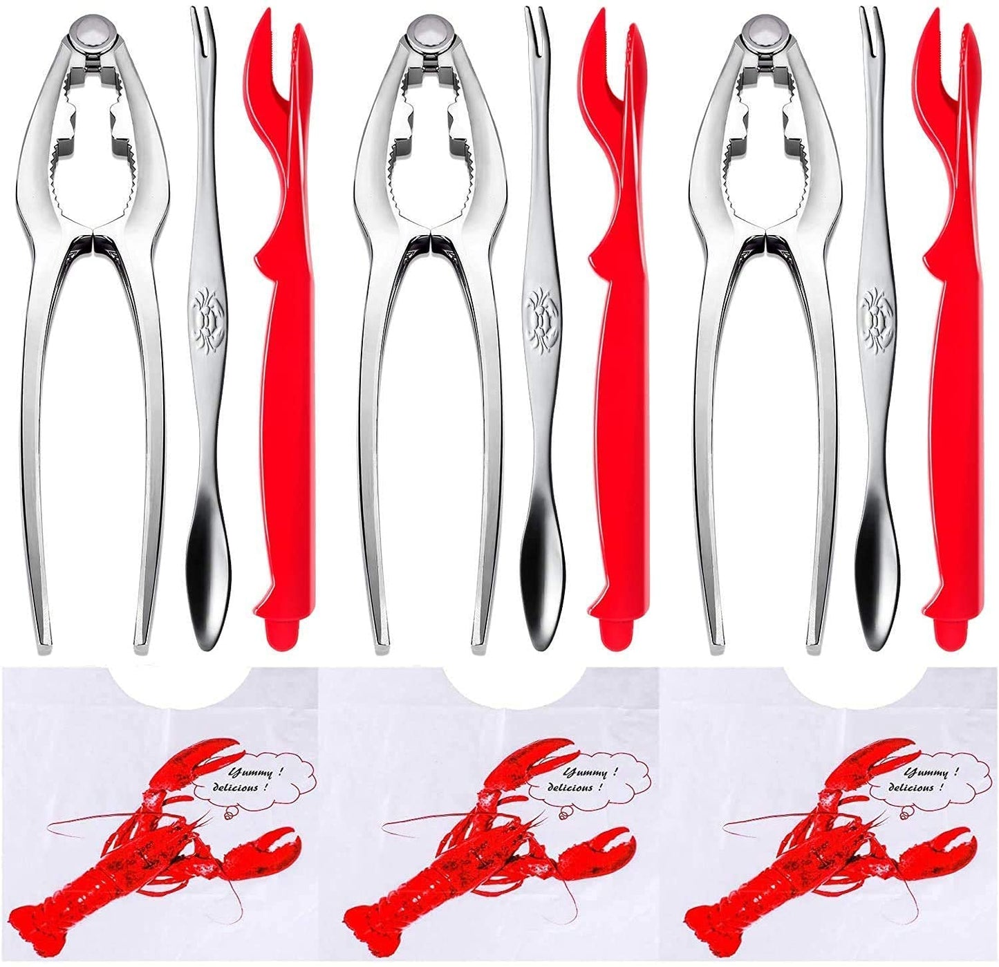 YGAOHF 12 Pcs Professional Crab Leg Crackers and Tools - Includes 3 Crab Crackers, 3 Lobster Shellers, 3 Crab Leg Forks/Picks, 3 Disposable Lobster Bibs and Storage Bag, Dishwasher Safe