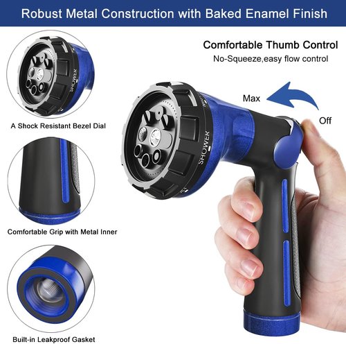 FANHAO Heavy Duty Metal Garden Hose Nozzle - 8 Spray Patterns with Thumb Control | Blue