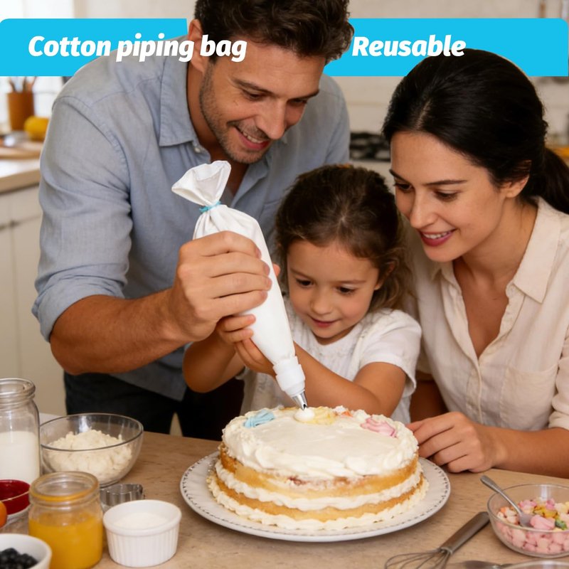 Reusable Cotton Piping Bags & Tips Set -16" Large Pastry Bag with 10 lcing Tips + 2 Couplers for Cake Decorating, Baking Supplies