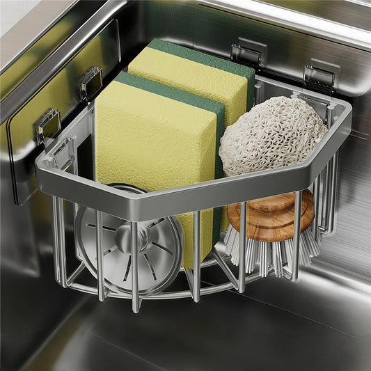 COKOEYSDR Wall Mounted Sink Caddy Organizer, Carbon Steel Kitchen Sponge Holder with 2 Adhesive Hooks, Triangular Drain Rack, 5.27x5.27x3.54 Inch (Grey)