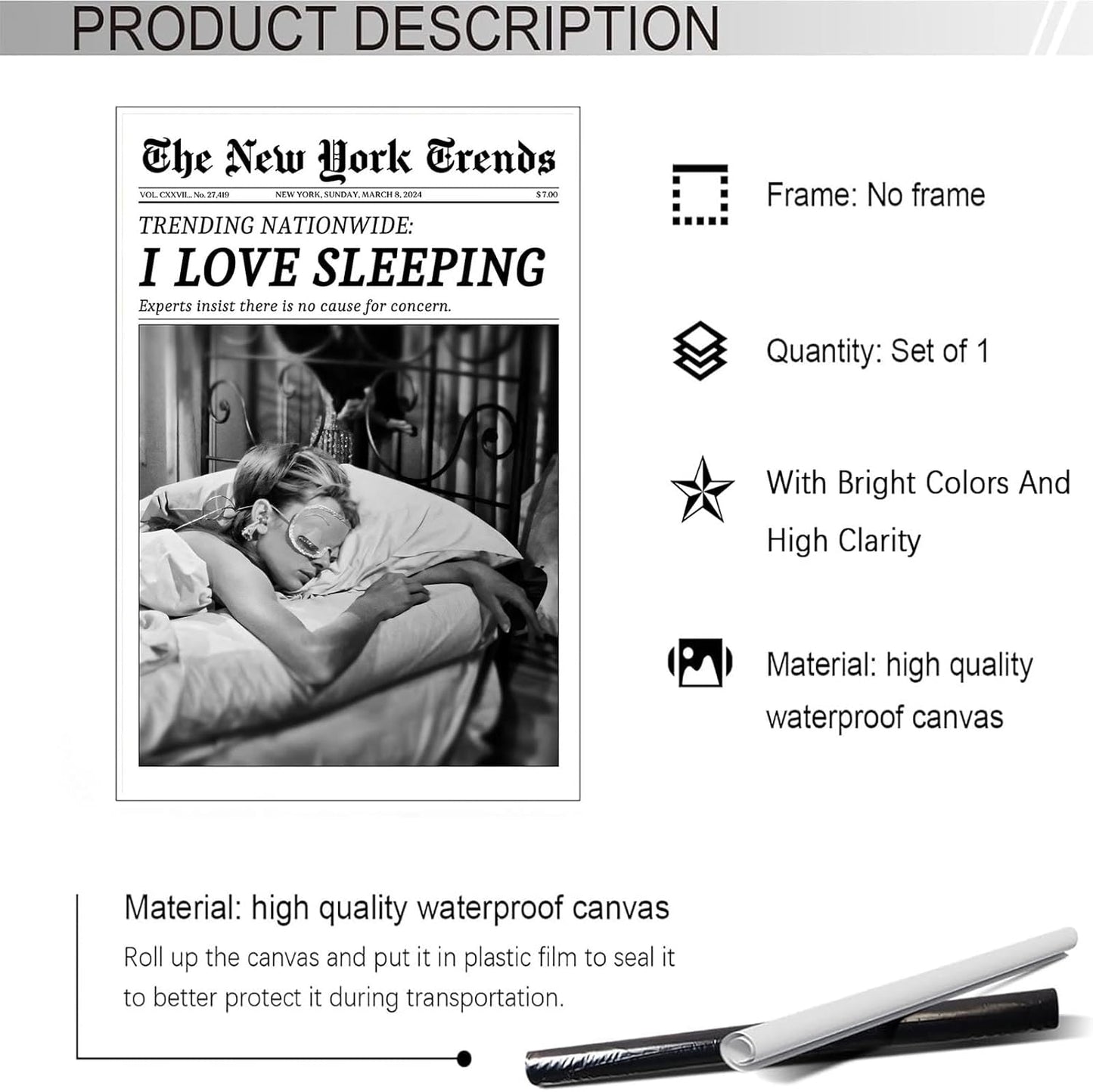 Beshdomp Vintage I Love Sleeping Poster - Black & White Canvas Wall Art | New York Times Headline 12x16in Unframed
