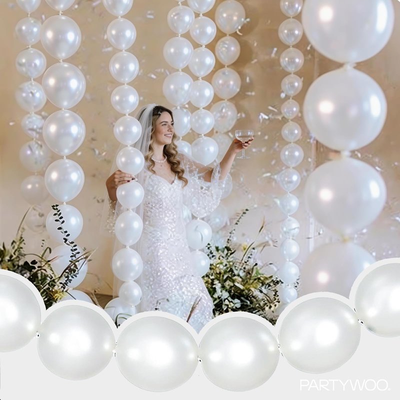 PartyWoo Pearl White Linking Balloons 100pcs 12 Inch White Link Balloon for Anniversary Retirement Wedding Graduation Baby Shower Birthday Gender Reveal Engagement Party Decorations White-W14
