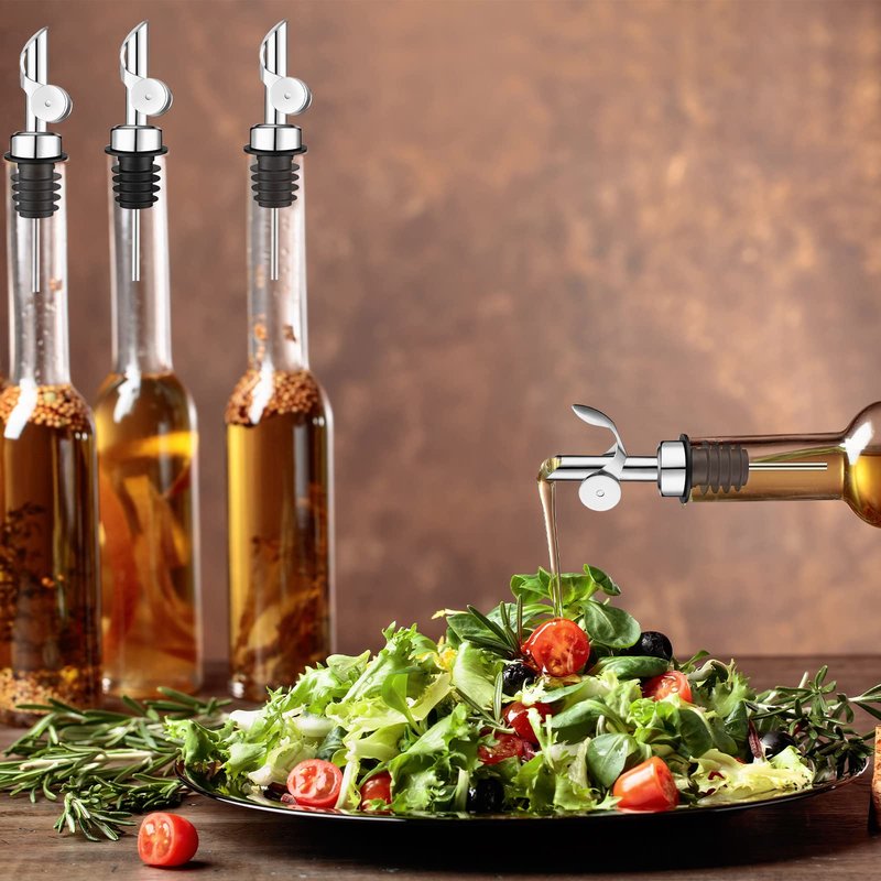 Kinlop 6 Pcs Weighted Stainless Steel Liquor Bottle Pourers Auto Flip Olive Oil Dispenser Spout Balsamic Alcohol Pourer Spouts (Silver)
