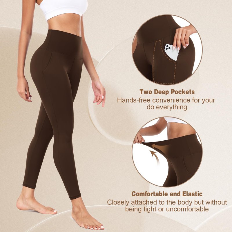 iaoja High Waisted Leggings for Women with Pockets - Tummy Control Soft Workout Running Yoga Printed Pants（Brown Large-X-Large）