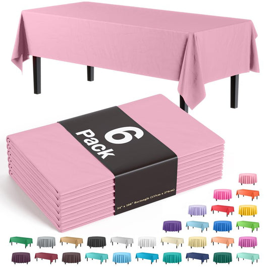 Exquisite Party Solids 6-Pack Premium Plastic Tablecloth 54in. x 108in. Rectangle Plastic Table Cover - Pink