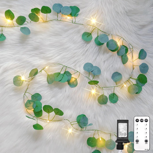 Suddus Eucalyptus Garland String Lights - 33ft 100 LED Remote-Controlled Leaf Lights for Bedroom, Garden, Party, Wedding Decor (Warm White)