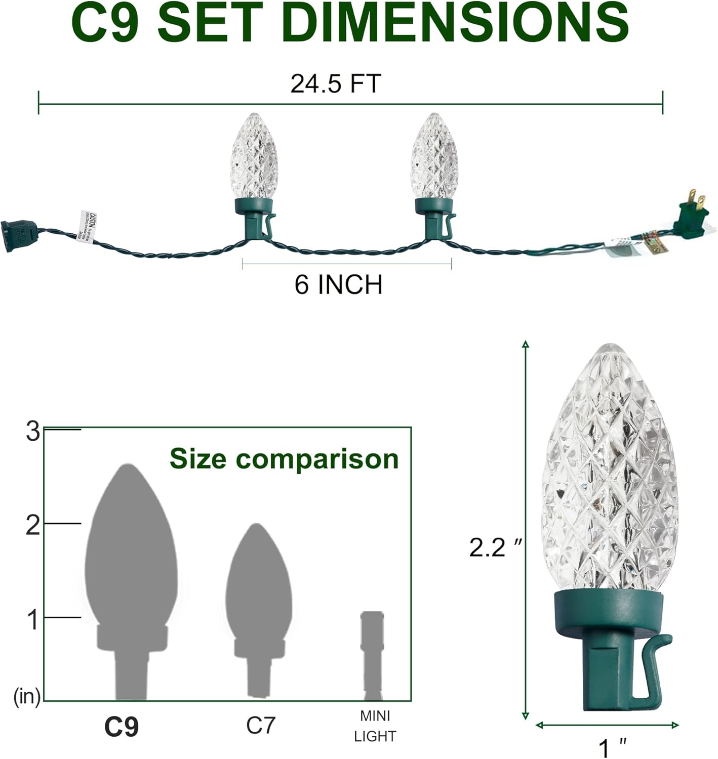 C9 Christmas Lights - 50 LED Faceted String Lights | 24.5 FT Connectable Indoor/Outdoor, Warm White