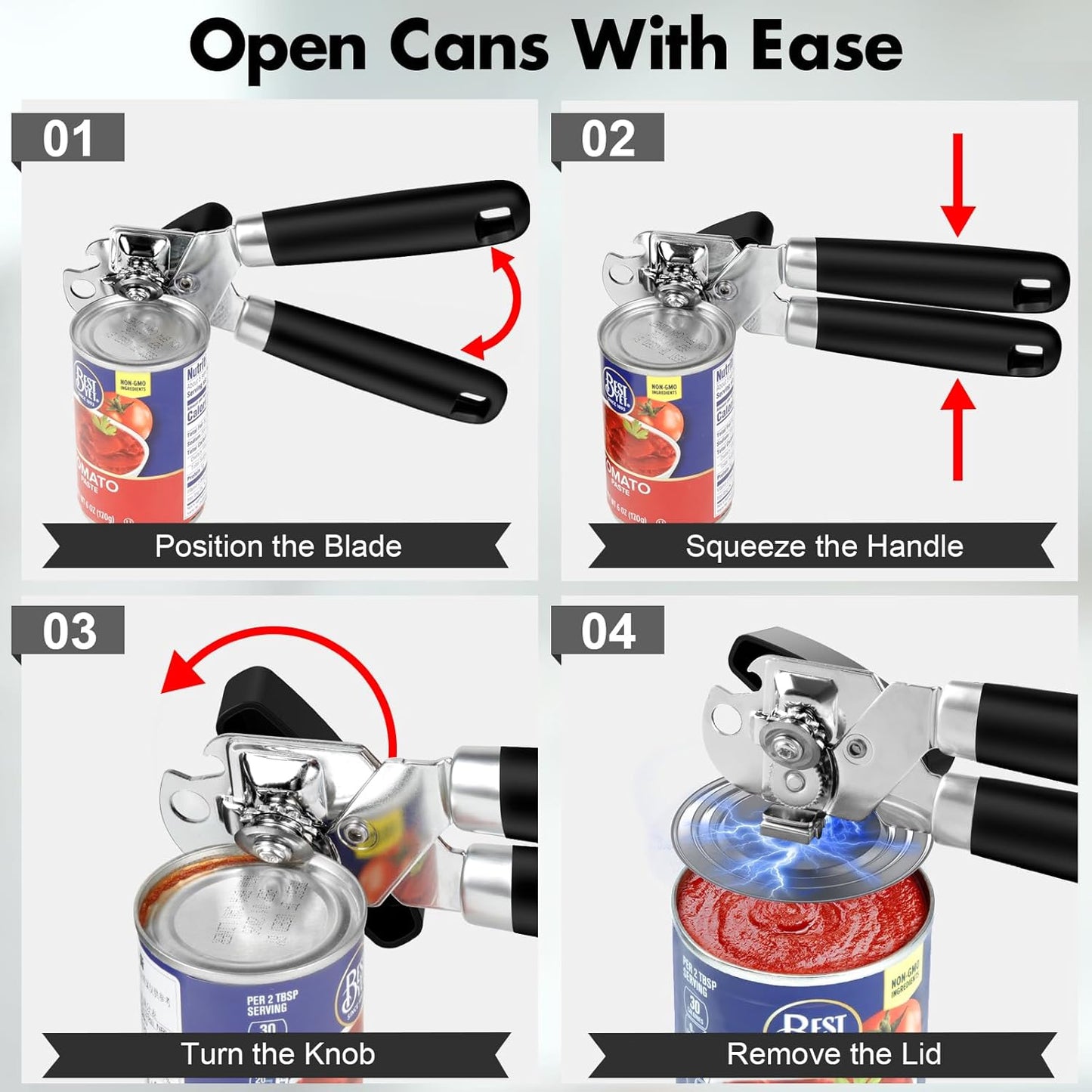 Skiennix Manual Can Opener Set - Heavy Duty Stainless Steel with Smooth Edge & Strong Magnet | 3-Piece Black