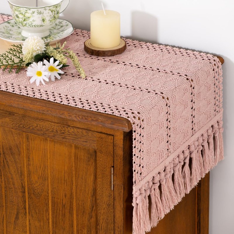 Socomi Boho Table Runner Easter Spring Farmhouse Rustic Dining Kitchen Centerpiece Decor Small Macrame Woven Cotton Linen Coffee Table Runner for Dresser Scarf Home Decor 12x72 in Pink