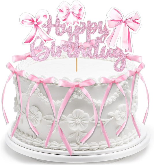 Tmtains 21-Piece Bow Cake Topper Set - Pink Coquette Birthday Decorations | Glitter Happy Birthday Sign & Cupcake Toppers