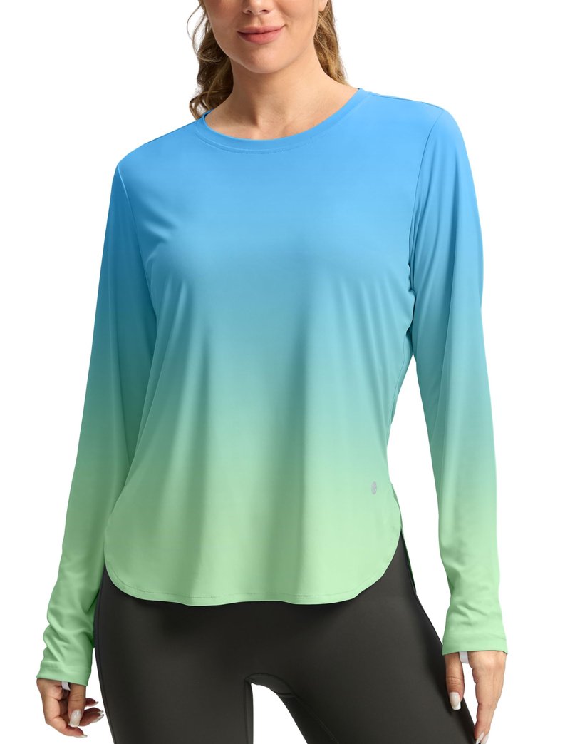 Women's Sun Shirts UPF 50+ Long Sleeve UV Protection Shirt Lightweight Quick Dry Workout Hiking Tops for Women(Green/Yellow Gradient,L)