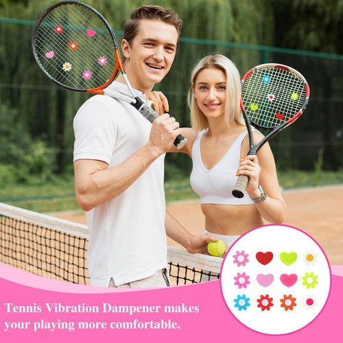 BOHUIZ 12Pcs Tennis Vibration Dampener, Tennis Racket Shock Absorbers Colorful Flower and Heart-Shaped Silicone Dampener for Tennis Racquet String Dampener