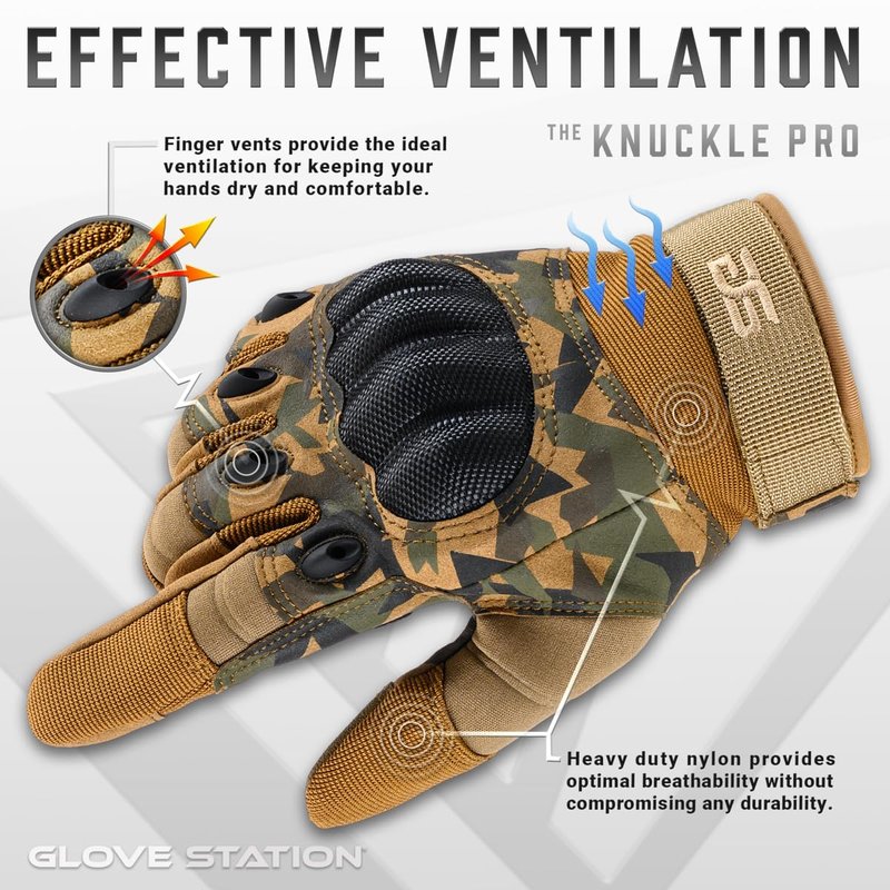 Glove Station Gloves for Men – Touchscreen Utility Gear with Hard Knuckle Protection Used in Motorcycle, Airsoft, & Outdoor Work Camouflage - Hard Knuckle Large