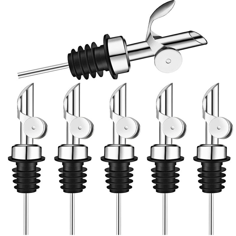 Kinlop 6 Pcs Weighted Stainless Steel Liquor Bottle Pourers Auto Flip Olive Oil Dispenser Spout Balsamic Alcohol Pourer Spouts (Silver)