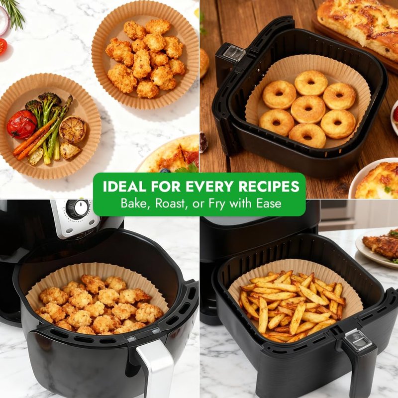 BYKITCHEN 300PCS Disposable Air Fryer Liners for Ninja AF141 5QT Pro AF181 6.5QT, Chefman 6 QT, Cosori 6QT &Other 5 to 8Qt Airfryer, 8 Inch Round Air Fryer Parchment Paper, Airfryer Basket Accessories