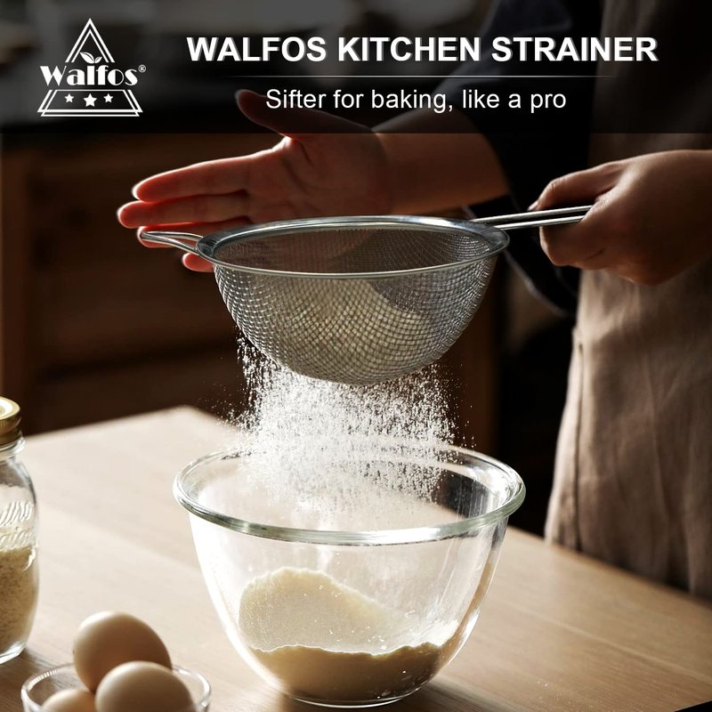 Walfos Fine Mesh Strainers Set, Premium Stainless Steel Colanders and Sifters, with Reinforced Frame Sturdy Handle, Perfect for Sift, Strain, Drain Rinse Vegetables, Pastas Tea - 3 Sizes