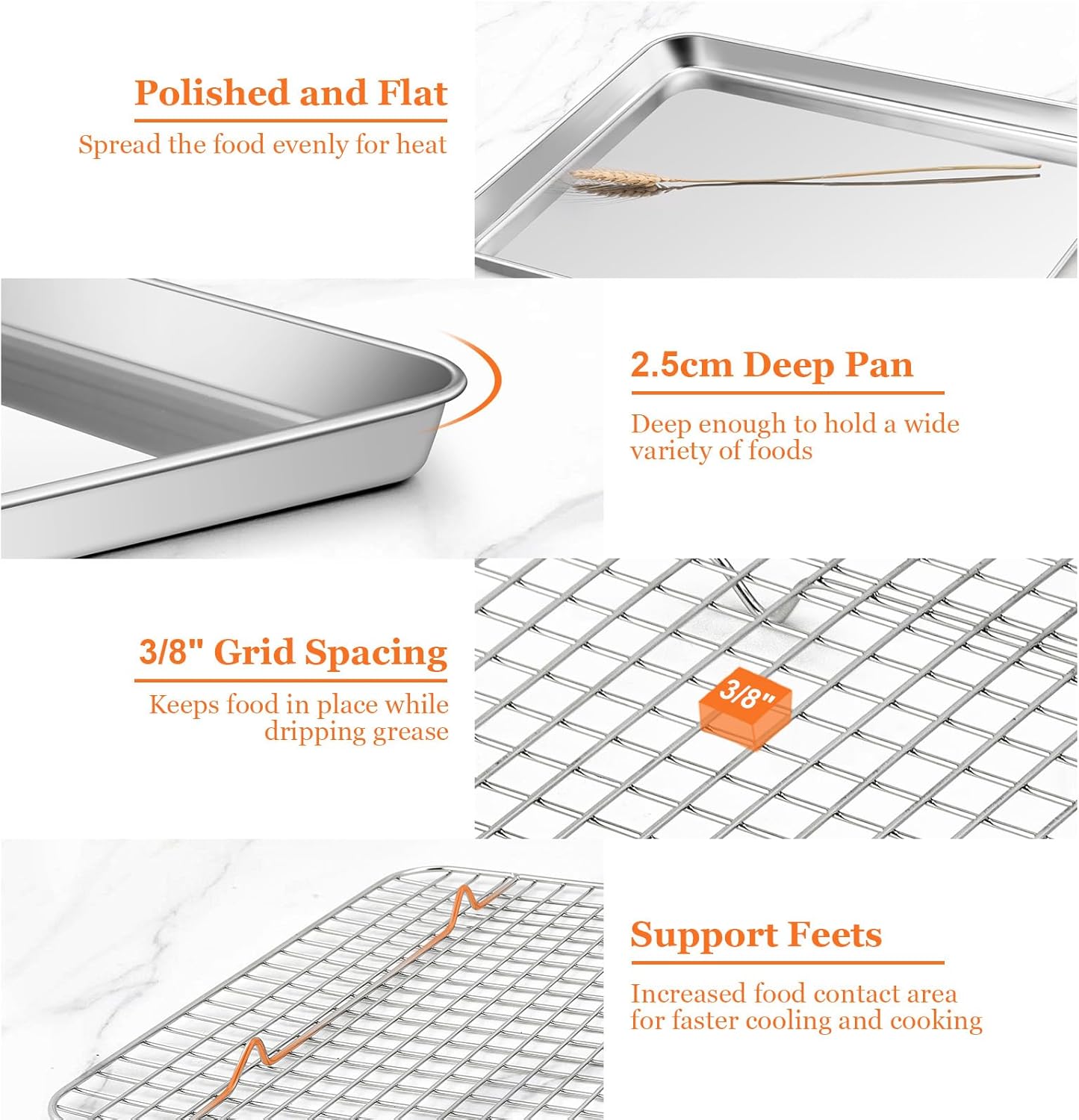 Leonyo Large Stainless Steel Baking Pan Set - 17.5" x 13" Nonstick Cookie Sheets with Cooling Rack | 4 Pack