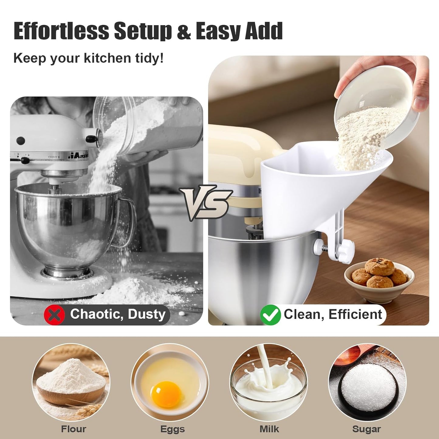 WANLISS Flour Funnel for KitchenAid Mixer - Durable Wide Mouth Pouring Chute | 3.2Qt-7Qt, Dishwasher Safe Baking Accessory