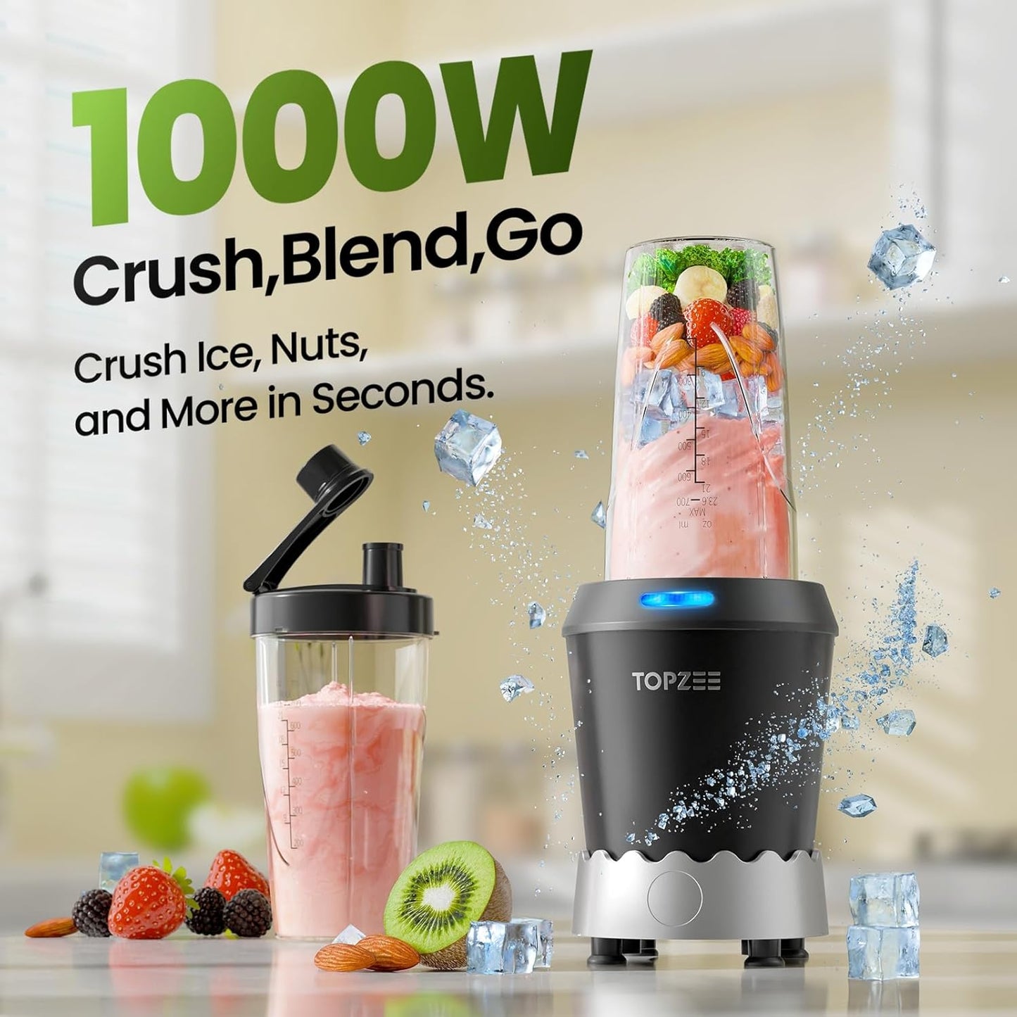 TOPZEE Personal Smoothie Blender - 1000W Single-Serve Blender with 24oz To-Go Cup | Ideal for Protein Shakes & Smoothies, Black