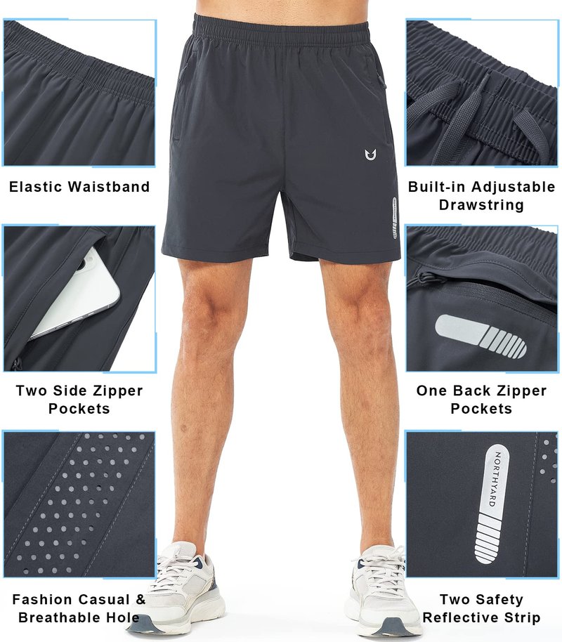 NORTHYARD Men's Athletic Running Shorts Gym Workout 7"/9"/5" Quick Dry Lightweight Sports Basketball Tennis 3 Zipper Pockets DARKGREY-5inch 4XL
