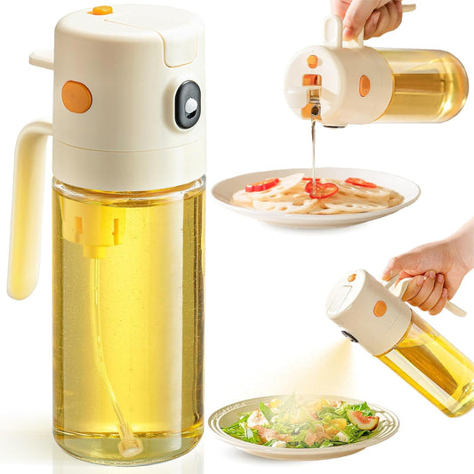 Katbite Olive Oil Dispenser Bottle - 2-in-1 Glass Oil Bottle & Sprayer | Non-Drip Leak-Proof Design, 18.6 oz, Cream White