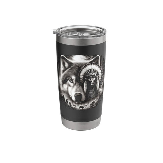 Native American Indian and Wolf Feathers Chief Art Stainless Steel Insulated Tumbler