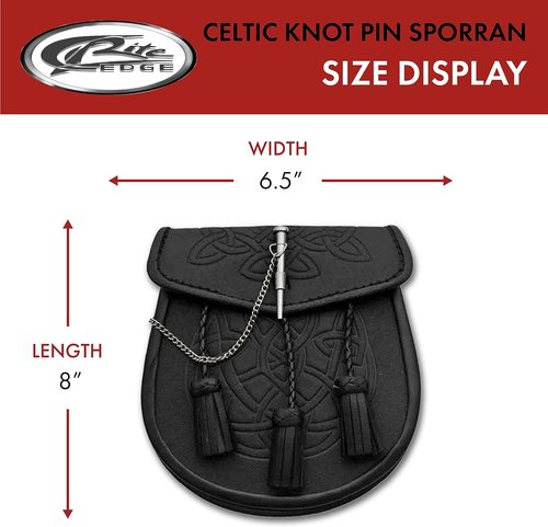 Celtic Knot Leather Sporran with Adjustable Chain & Belt - 8" Black Tassel Design for Kilts & Costumes