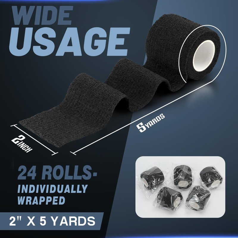 Outchoo 24 Pack Self Adhesive Bandage Wrap - 2" X 5 Yards Cohesive Bandage Wrap for Ankle, Knee, Wrist Support – Lightweight, Breathable, Stretchy, No Stick to Hair (Black)