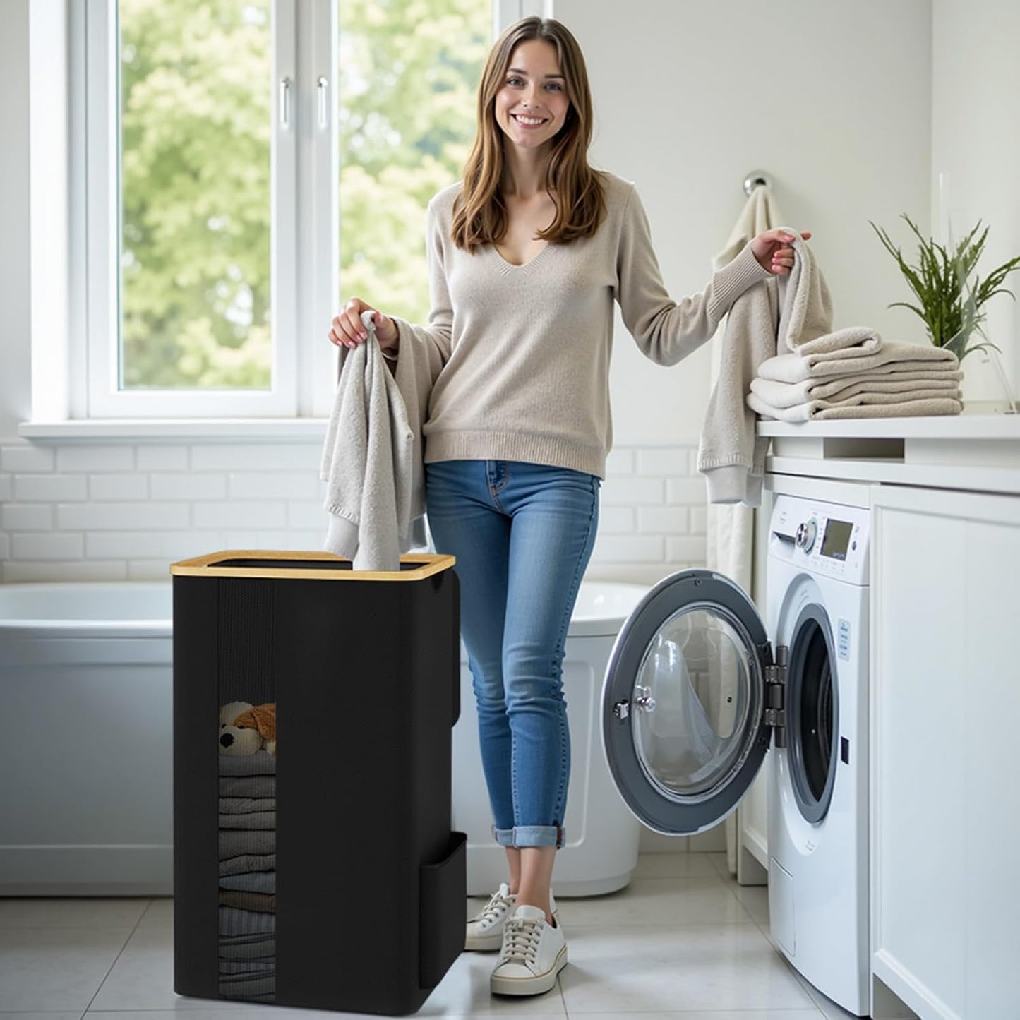 SpaceTrove Laundry Basket - Large 100L Collapsible Hamper with Lid & Removable Bag | Stylish Black Design for Bedroom & Bathroom