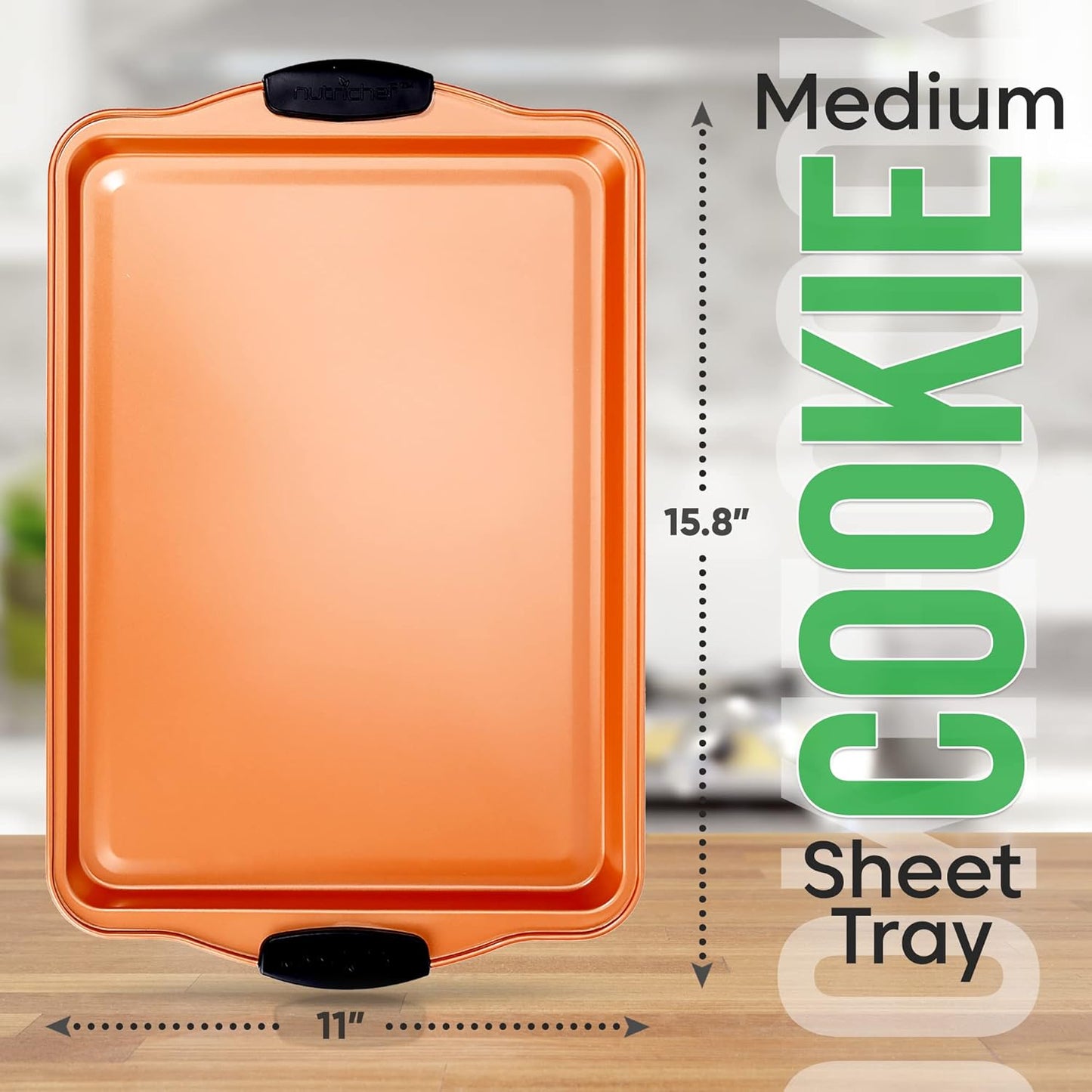 Nutrichef 15” Nonstick Cookie Sheet - Premium Carbon Steel Baking Pan with Silicone Handles | Dishwasher Safe, Copper