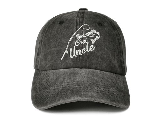 Enodtter Reel Cool Uncle Hat for Men, Funny Fishing Gift, Washed Black Embroidered Baseball Cap Adjustable Trucker Hat Cotton Hat