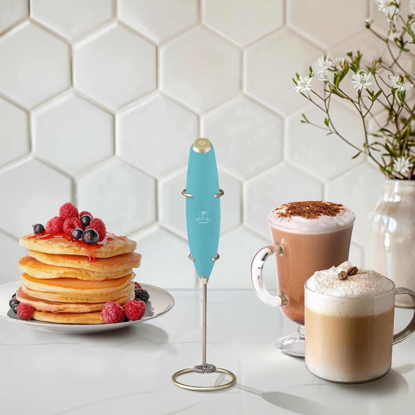Zulay Kitchen Milk Frother Wand - Ultra-Fast Handheld Drink Mixer with 4 AA Batteries - Lake Gold