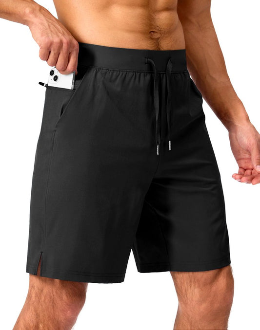 Soothfeel Men's Running Shorts with Zipper Pockets 9 Inch Lightweight Quick Dry Gym Sports Athletic Workout Basketball Shorts for Men (Black, L)