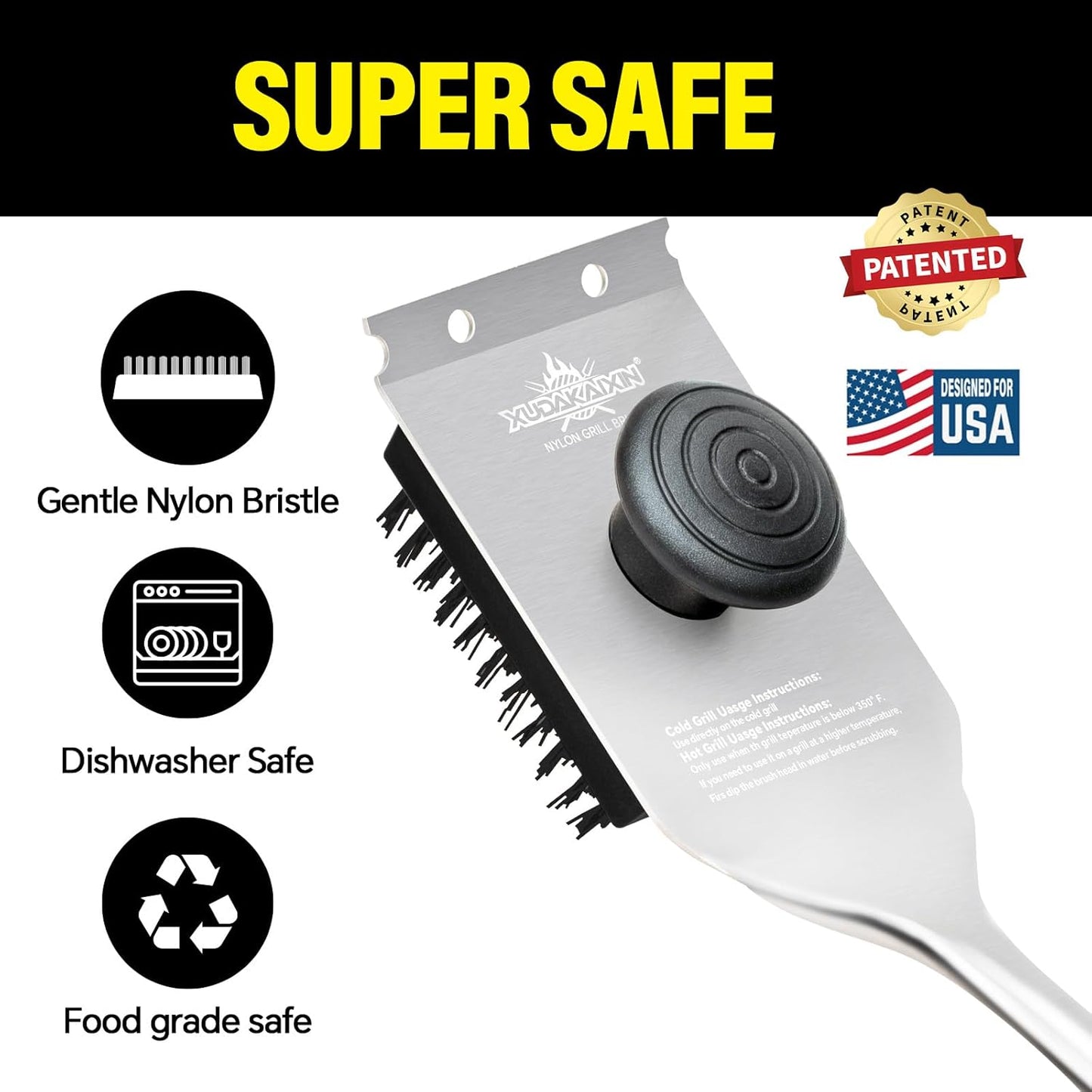 XUDAKAIXIN Nylon Grill Brush - Dual Grip Design with Luxurious Acacia Wood Handle | Safe for Cooled Grates (Black)