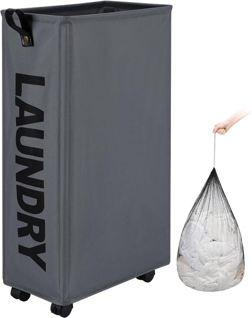 DOKEHOM Slim Laundry Basket - 27.5-Inch Rolling Hamper with Removable Wash Bag | Grey, Foldable Design