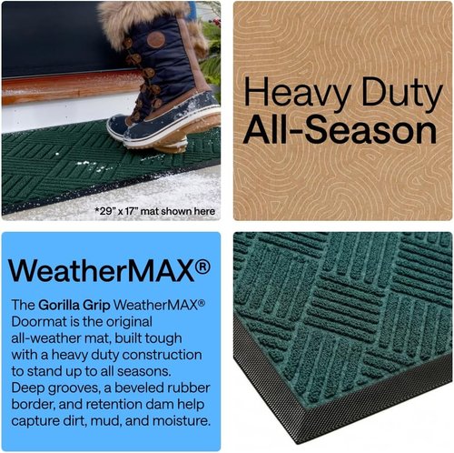 GORILLA GRIP Waterproof All-Season Doormat - Natural Rubber, Stain & Fade Resistant, 29x17, Green Diamond