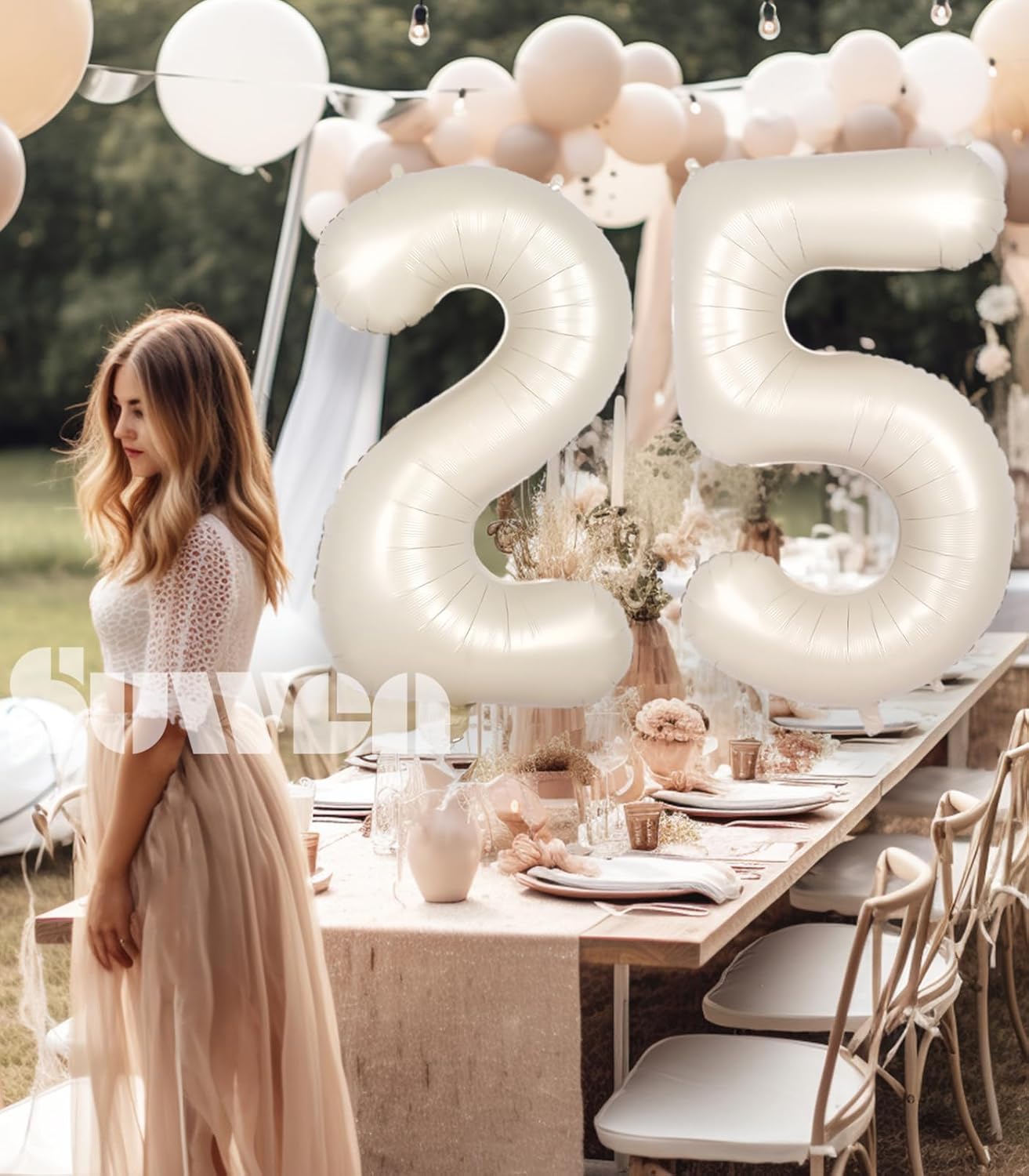 SUWEN Jumbo 40-Inch Cream White Foil Number Balloons | 0-9 Mylar Birthday Decorations for 25th Anniversary
