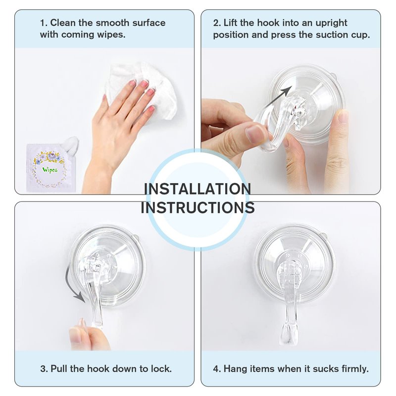 VIS'V Suction Cup Hooks, Small Shower Suction Hooks with Wipes, Heavy Duty, Removable and Reusable, Clear, 4 Pcs