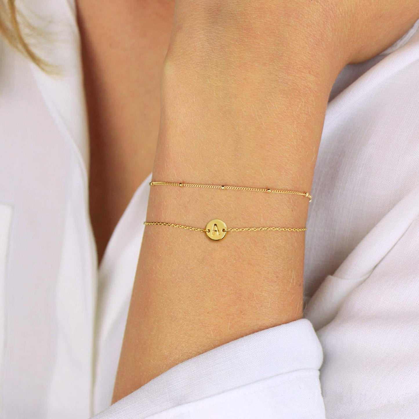 MONOZO Gold Initial Bracelets for Women, Dainty 14K-gold-plated Layered Beaded E Letter Initial Bracelet Personalized Alphabet Disc Monogram Charm Bracelet Jewelry Gifts